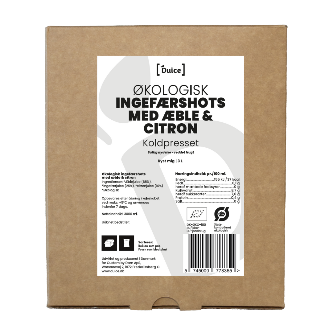 Økologisk Ingefærshot med æble & citron – 3 liter bag in box – Duice